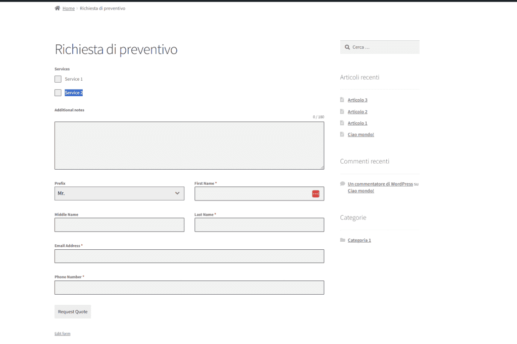 Pagina Richiesta Preventivo Forminator