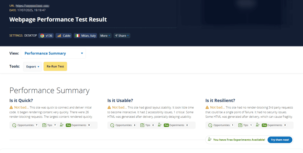 Performance Summary Webpagetest