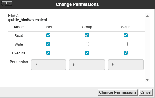 Permessi Wp Content File Manager 755