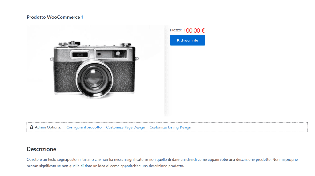 Prodotto Woocommerce Pulsante Richiedi Info