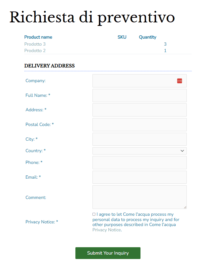 Richiesta Preventivo Ecommerce Product Catalog