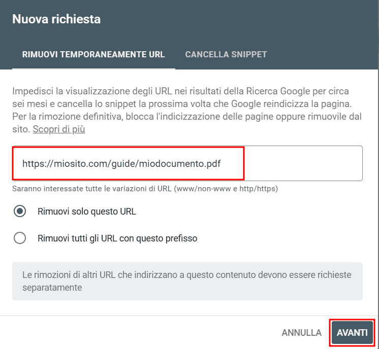 Richiesta Rimozione Pdf Search Console Nuova Richiesta
