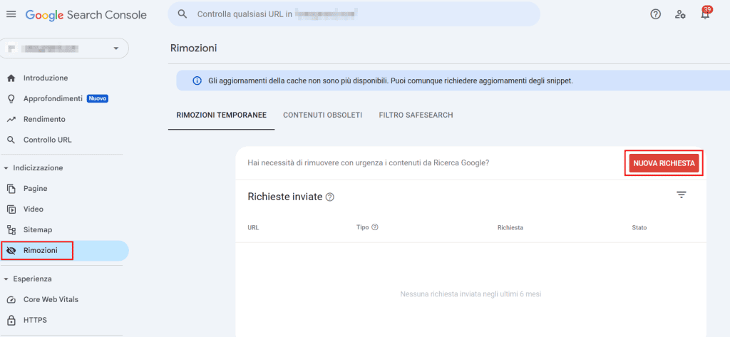 Richiesta Rimozione Pdf Search Console Passo 1