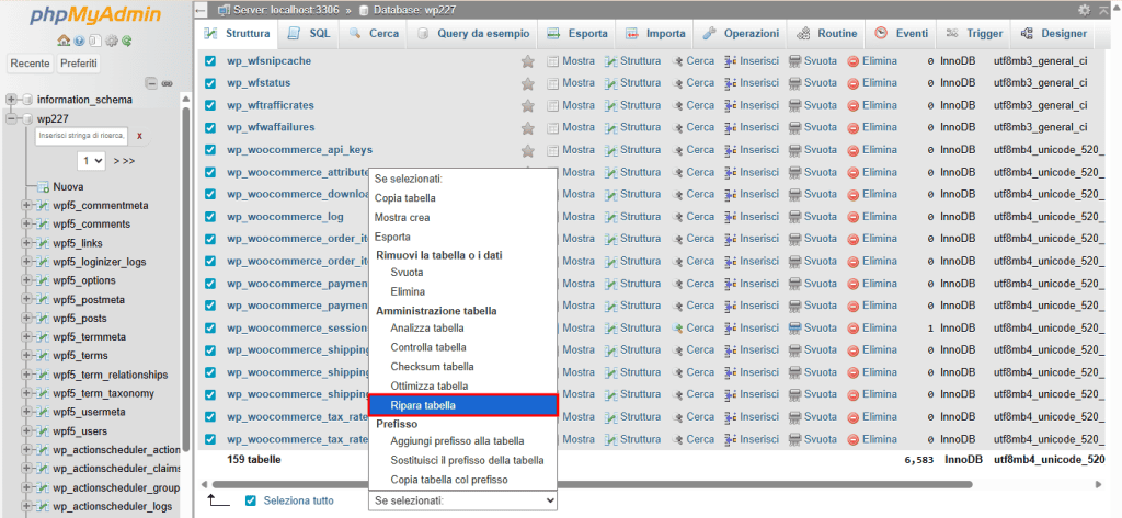 Ripara Tabella Database Phpmyadmin