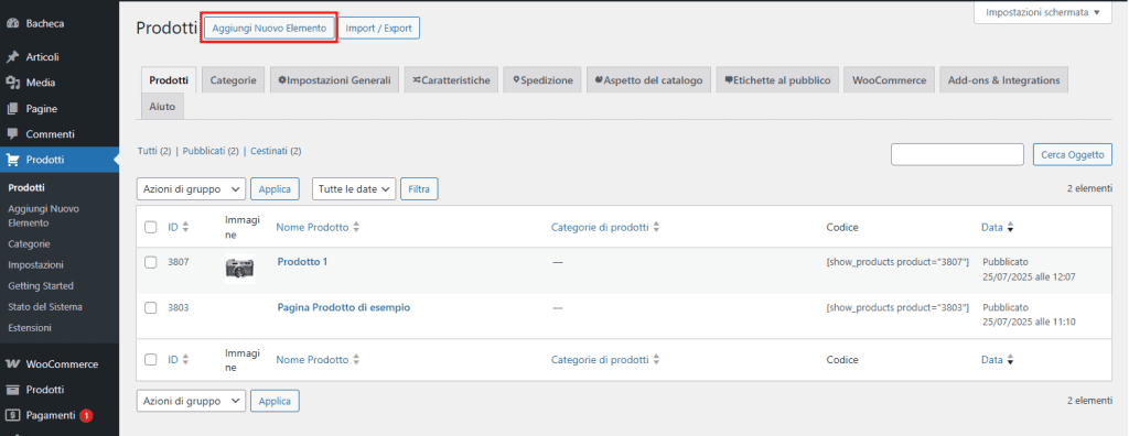 Schermata Prodotti Ecommerce Product Catalog