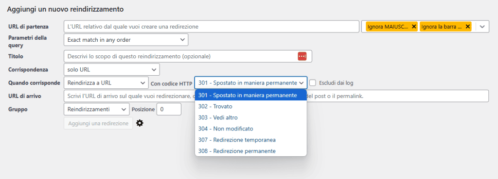 Status Http Reindirizzamento WordPress Plugin Redirection