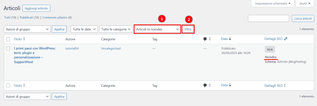 Trovare Articoli Noindex Rank Math Filtri
