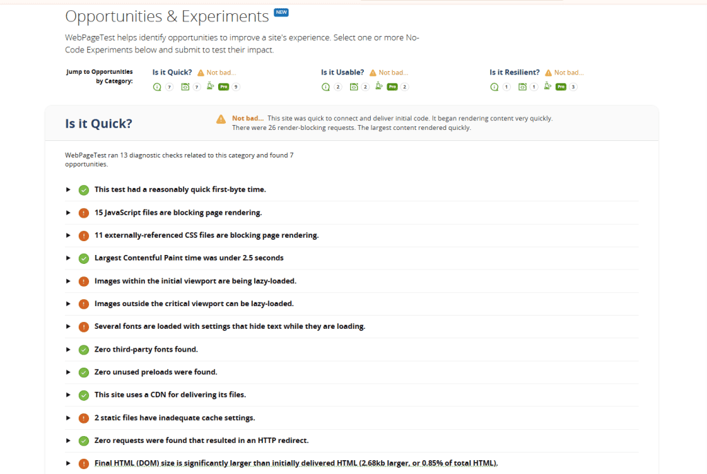 Velocita Vista Opportunities Experiments Webpagetest