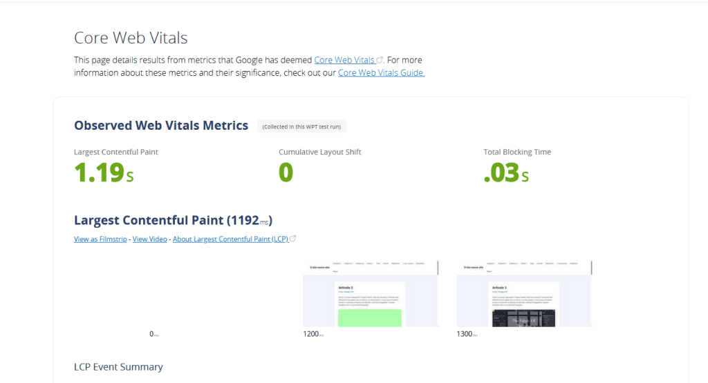 Vista Core Web Vitals Webpagetest