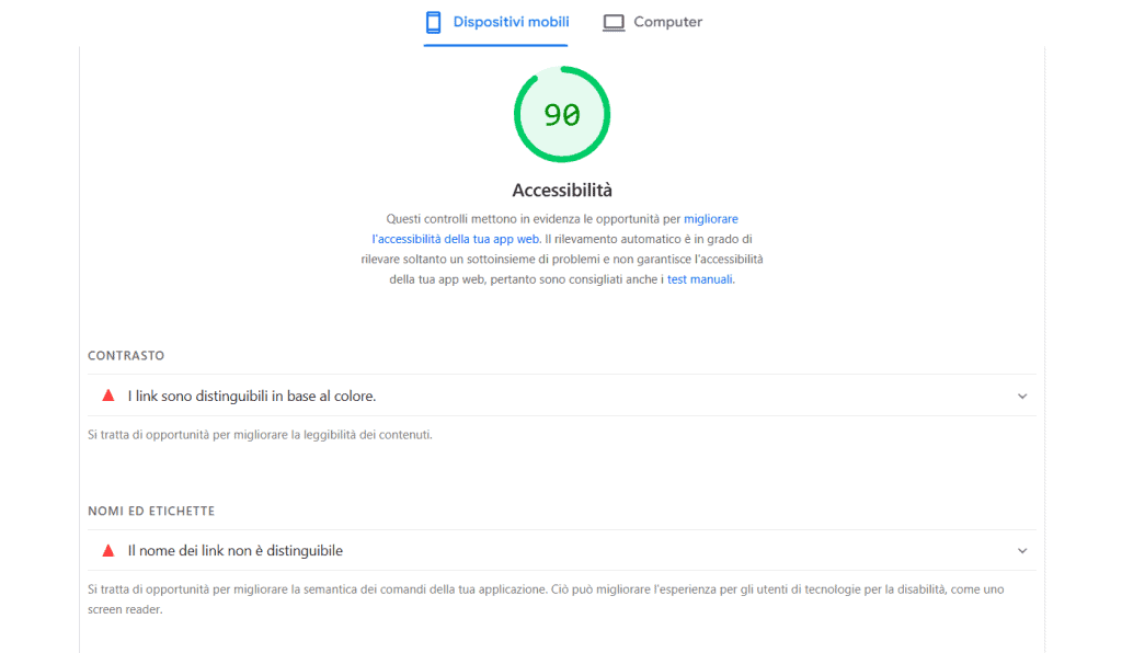 Accessibilita Pagespeed Insights