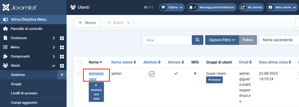 Administrator Utenti Joomla