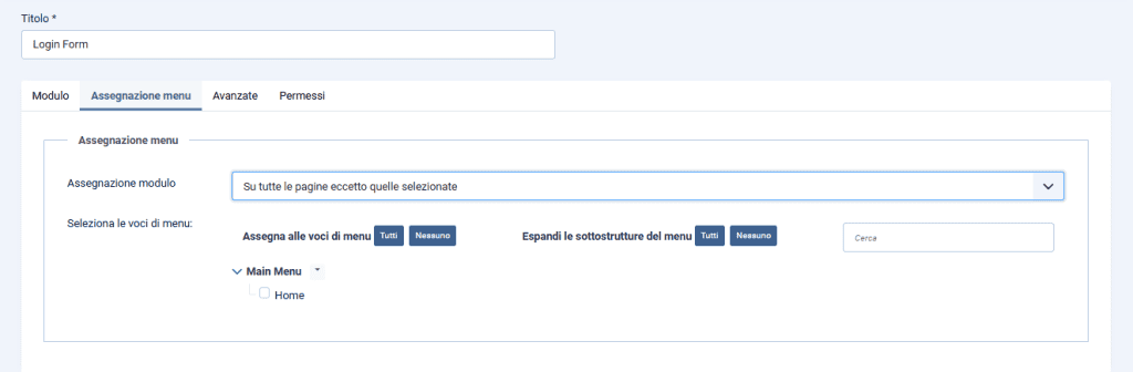 Assegnazione Menu Login Form Joomla