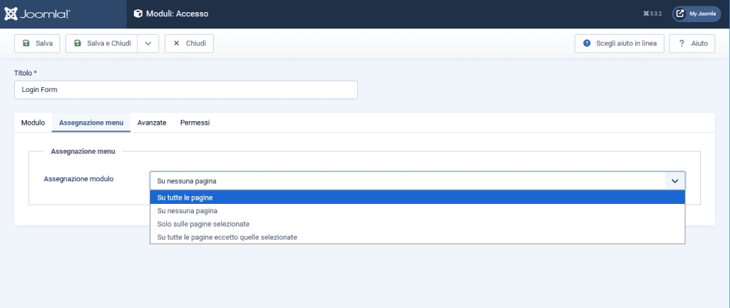 Assegnazione Pagine Login Form Joomla