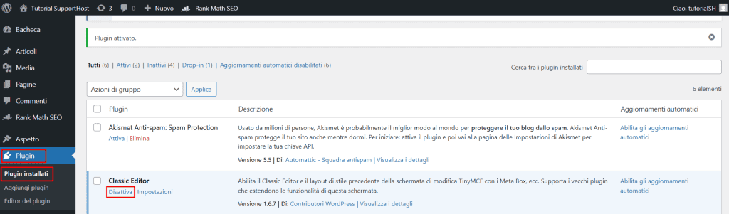 Come Disattivare Classic Editor Plugin WordPress