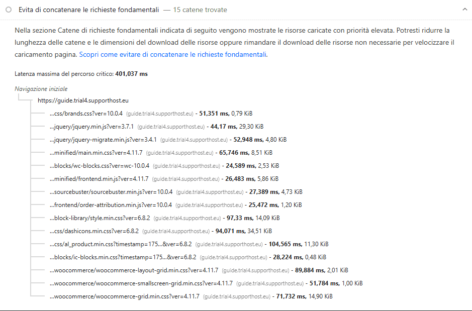 Concatenare Richieste Fondamentali Pagespeed Insights