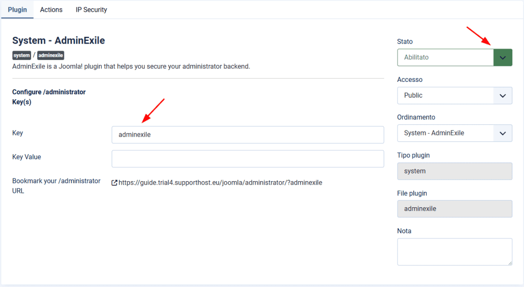 Configurazione Adminexile Plugin Joomla