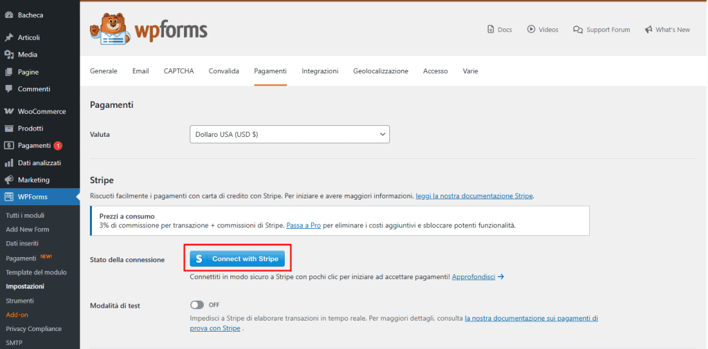 Connetti Pagamenti Stripe Wpforms