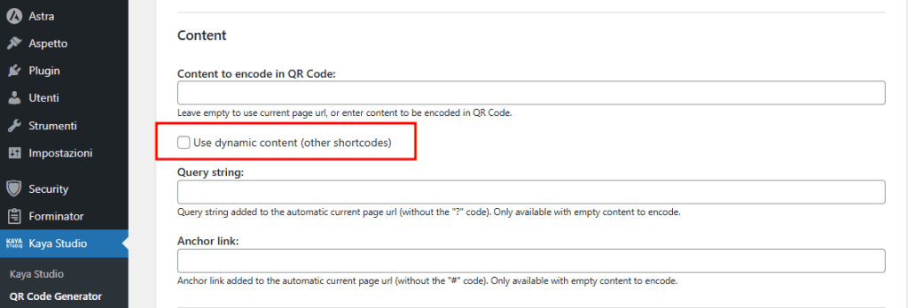 Contenuti Dinamici Kaya Plugin Qr Code WordPress