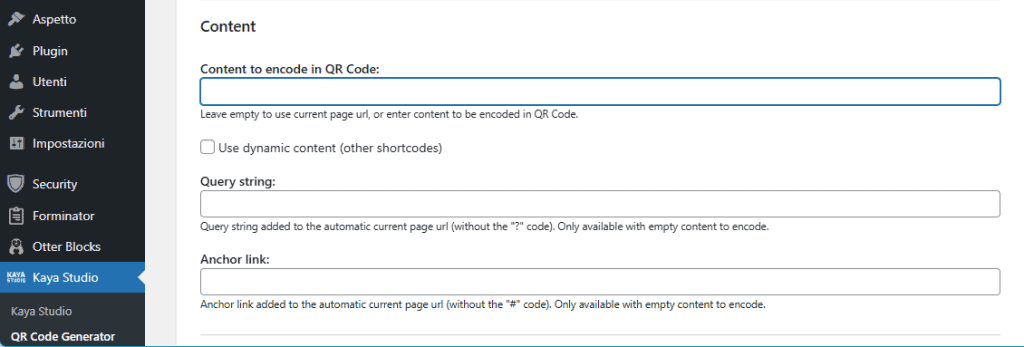 Contenuto Shortcode Generator Assistant Kaya