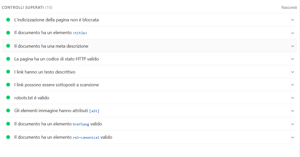 Controlli Superati Seo Pagespeed Insights