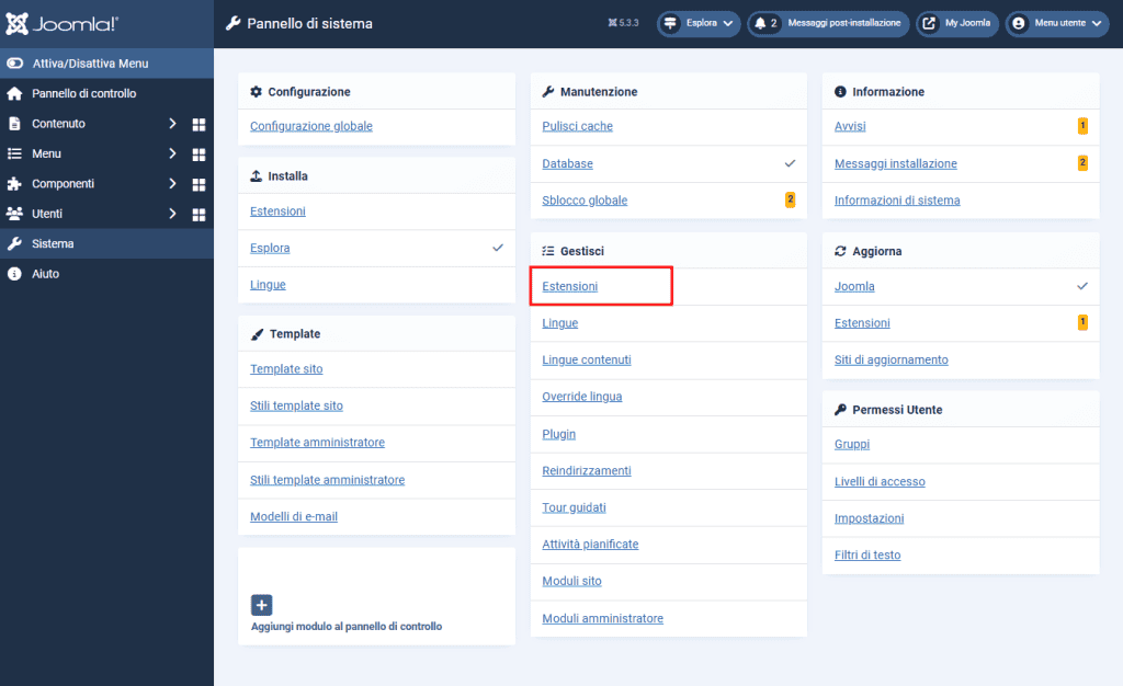 Gestisci Estensioni Joomla