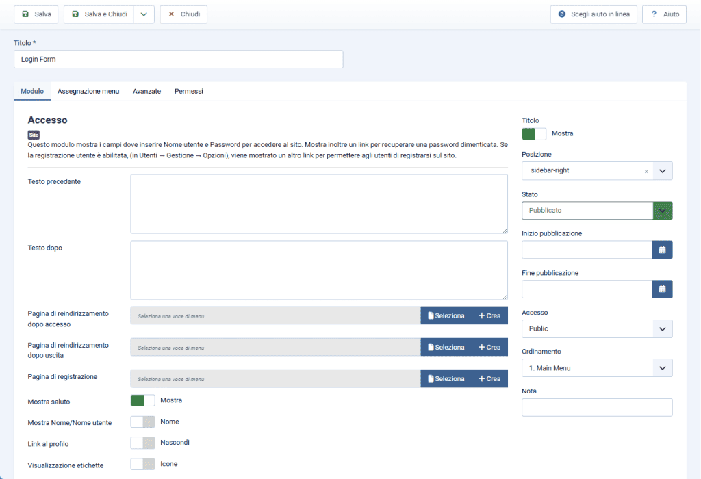 Impostazioni Accesso Joomla
