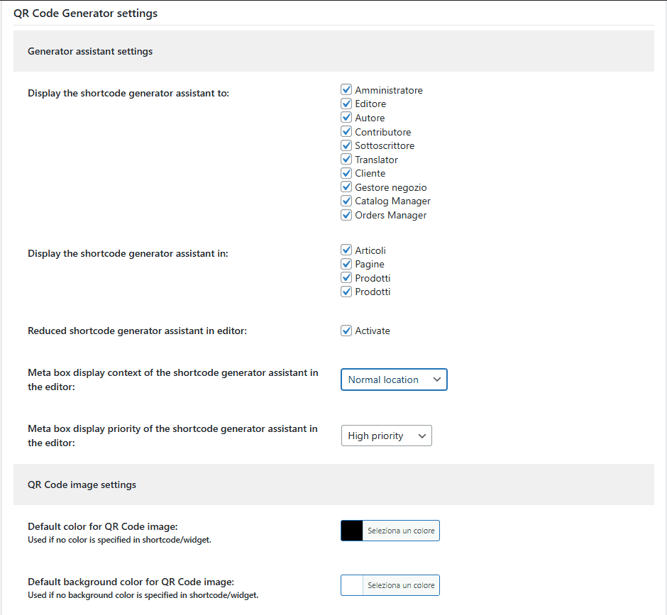 Impostazioni Kaya Plugin Qr Code Generator