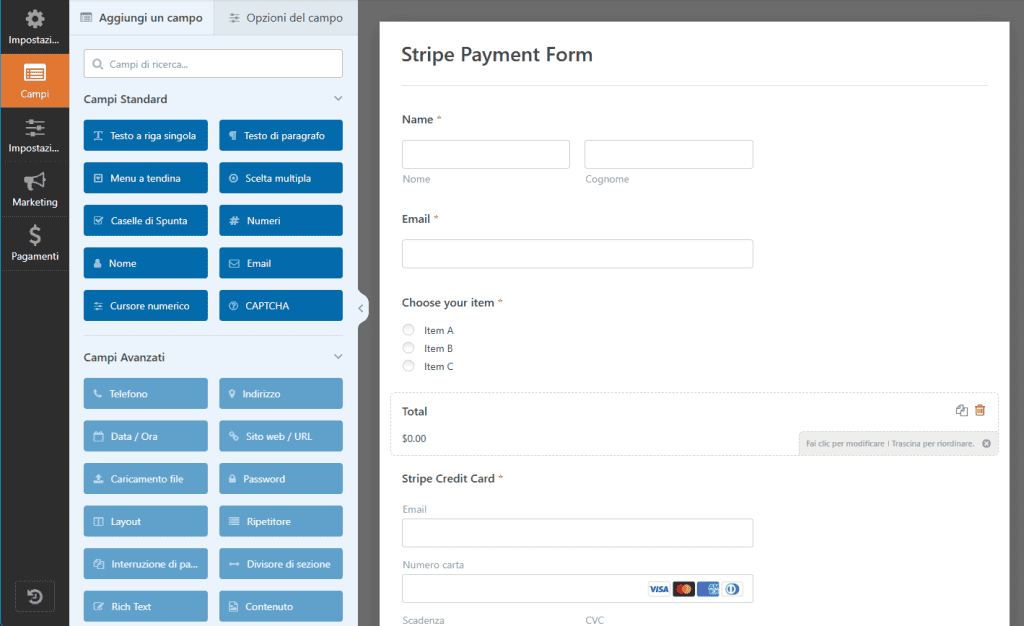 Impostazioni Modulo Pagamento Stripe Wpforms