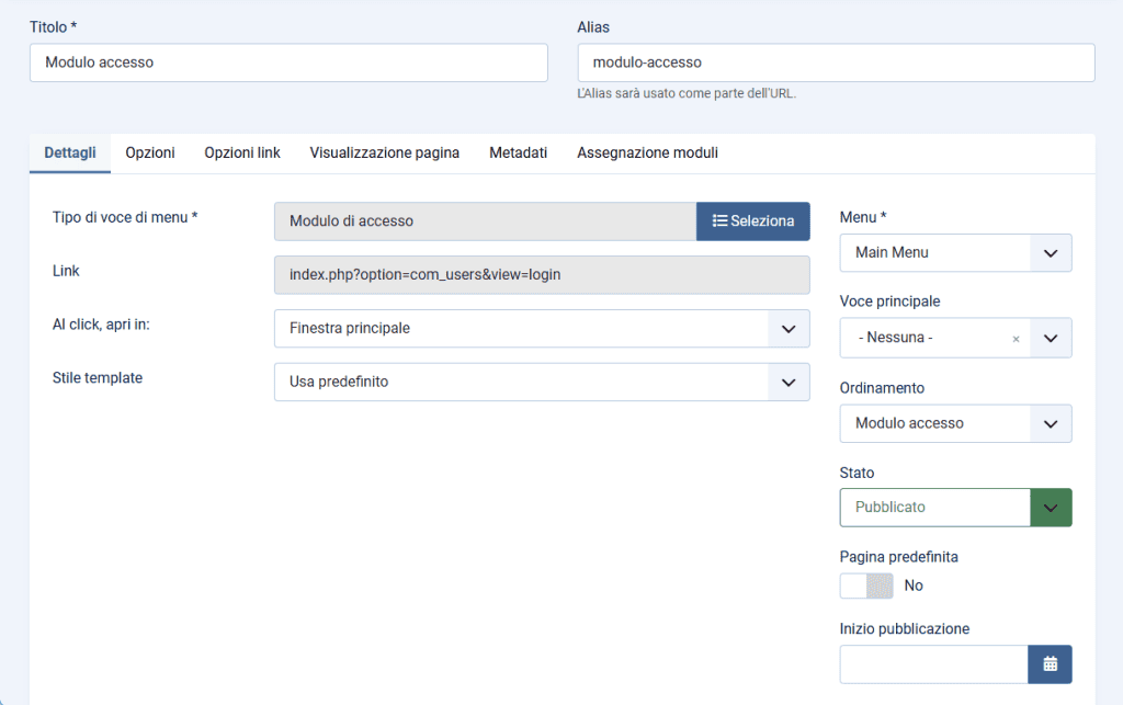 Impostazioni Pagina Login Joomla