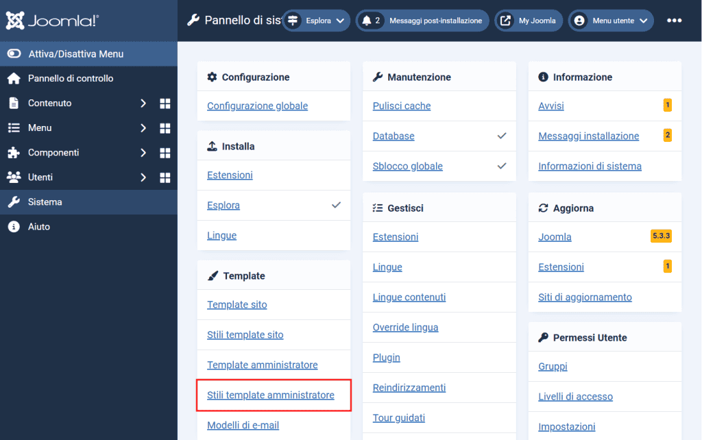 Impostazioni Template Amministratore Joomla Atum