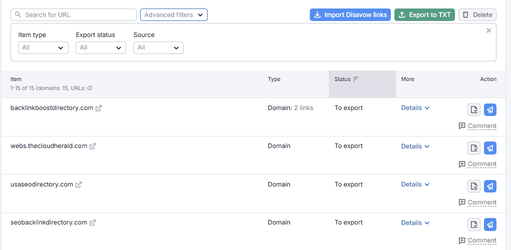 Lista Link Disavow Semrush