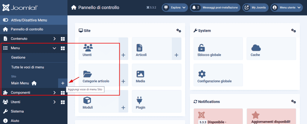 Menu Aggiungi Joomla