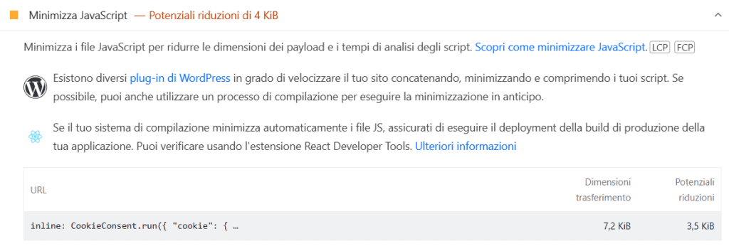 Minimizza Javascript Pagespeed Insights