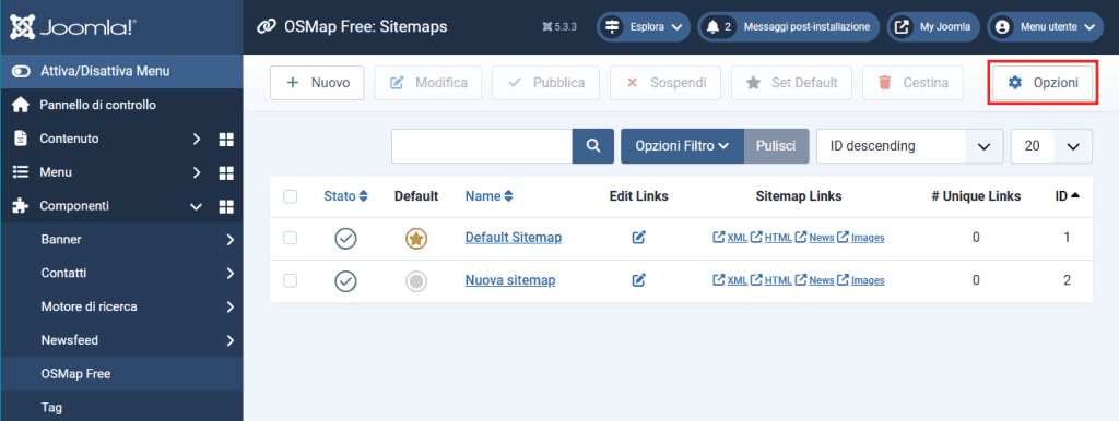 Opzioni Osmap Sitemap Joomla