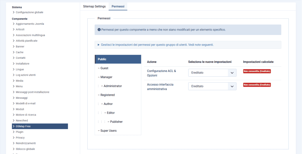 Opzioni Osmap Sitemap Joomla Permessi