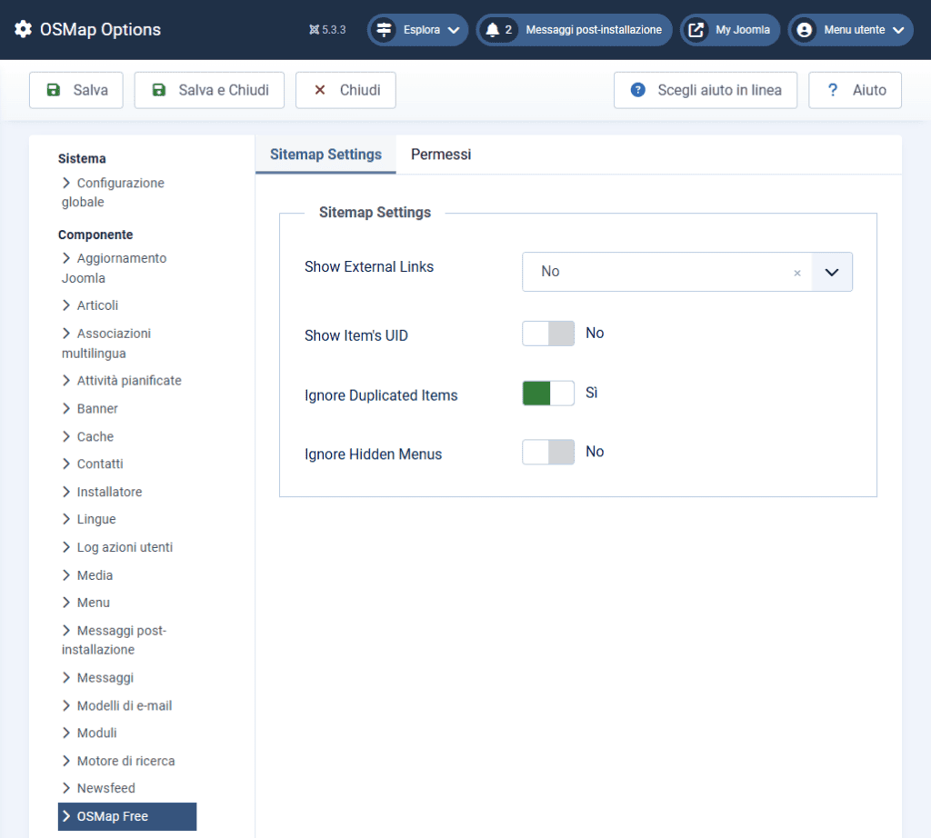 Opzioni Osmap Sitemap Joomla Settings