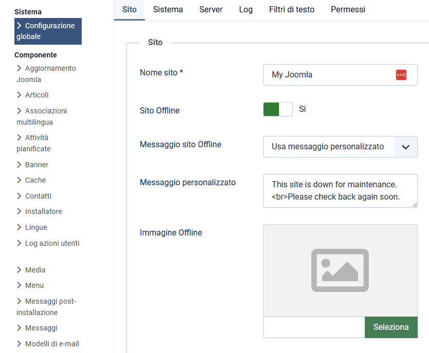Opzioni Sito Offline Joomla