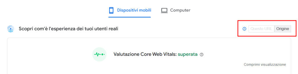 Origine Dati Esperienza Utenti Reali Pagespeed Insights