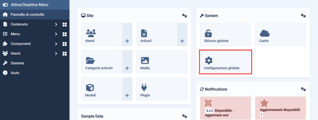 Pannello Controllo Configurazione Globale Joomla