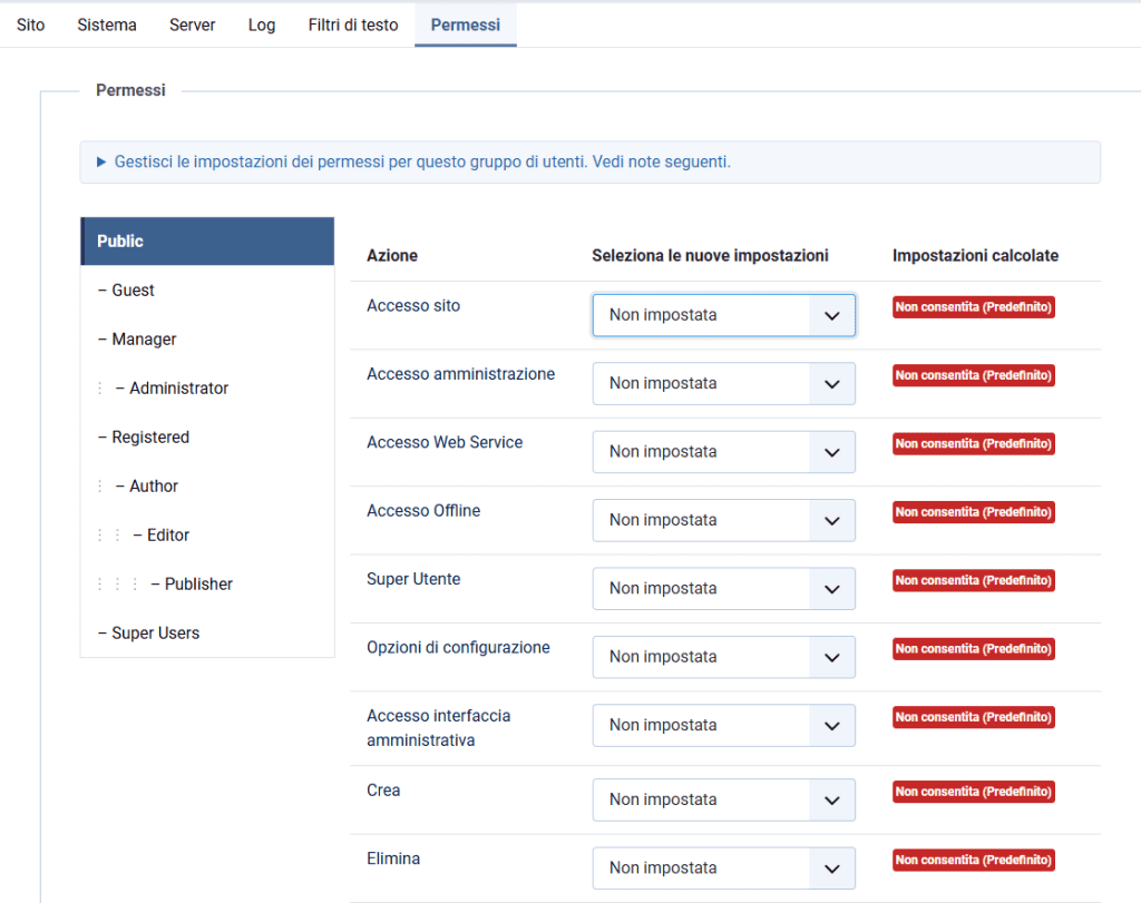 Permessi Configurazione Globale Joomla