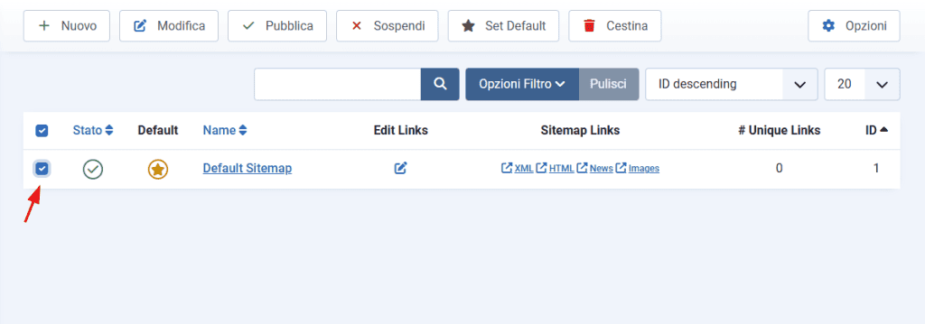 Seleziona Sitemap Default Osmap Joomla