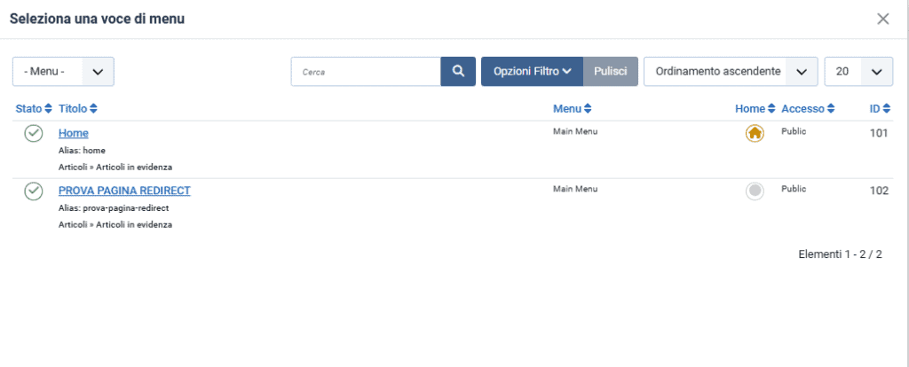 Seleziona Voce Menu Joomla