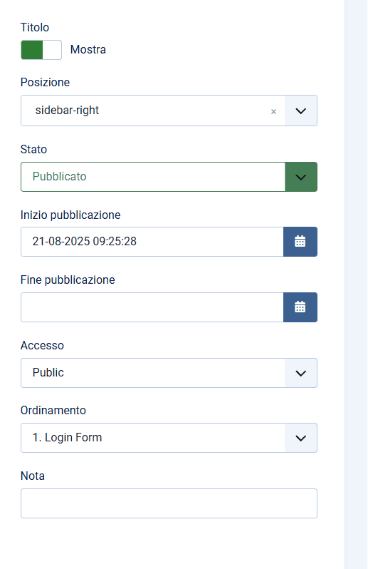 Sidebar Assegnazione Menu Login Form Joomla