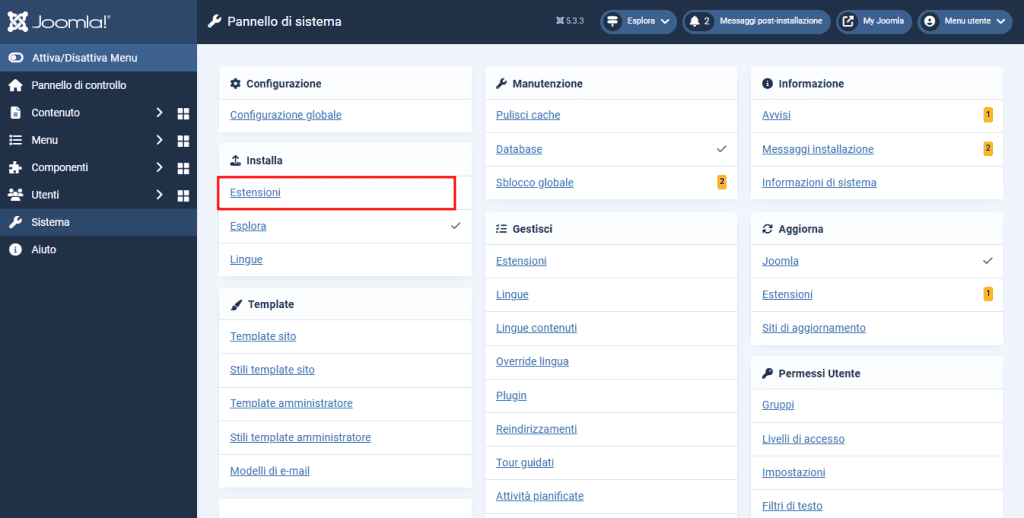 Sistema Estensioni Installa Joomla