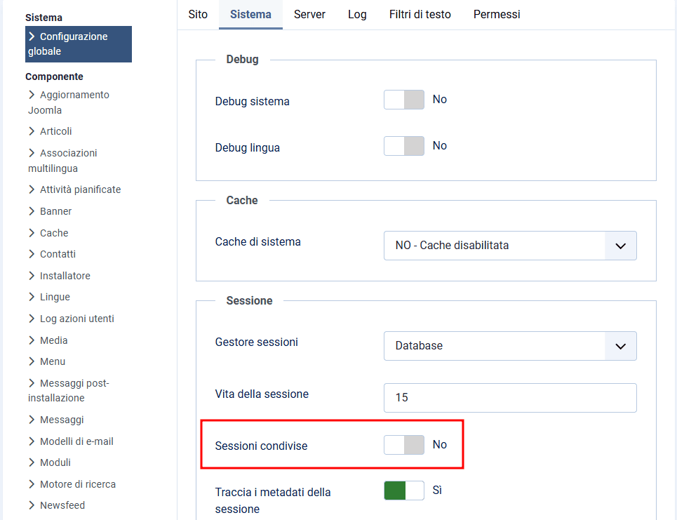 Sistema Sessioni Condivise Joomla