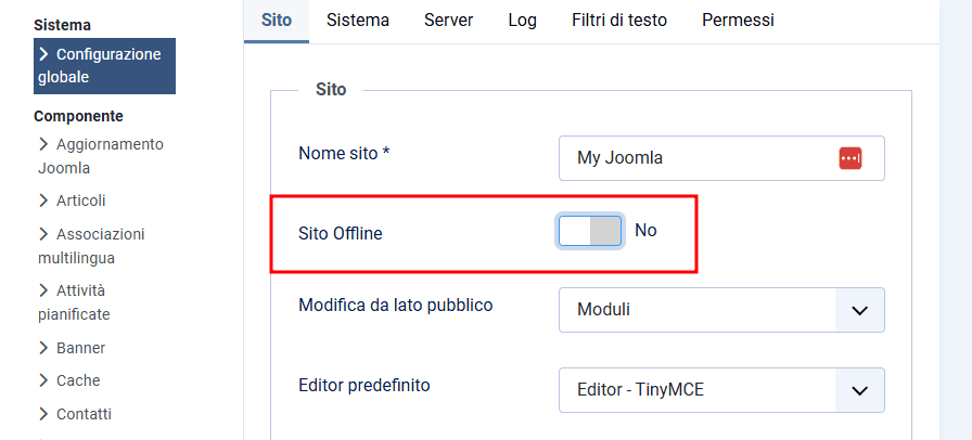 Sito Offline Configurazione Globale Joomla