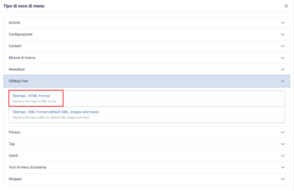 Tipo Voce Menu Sitemap Html Joomla Osmap