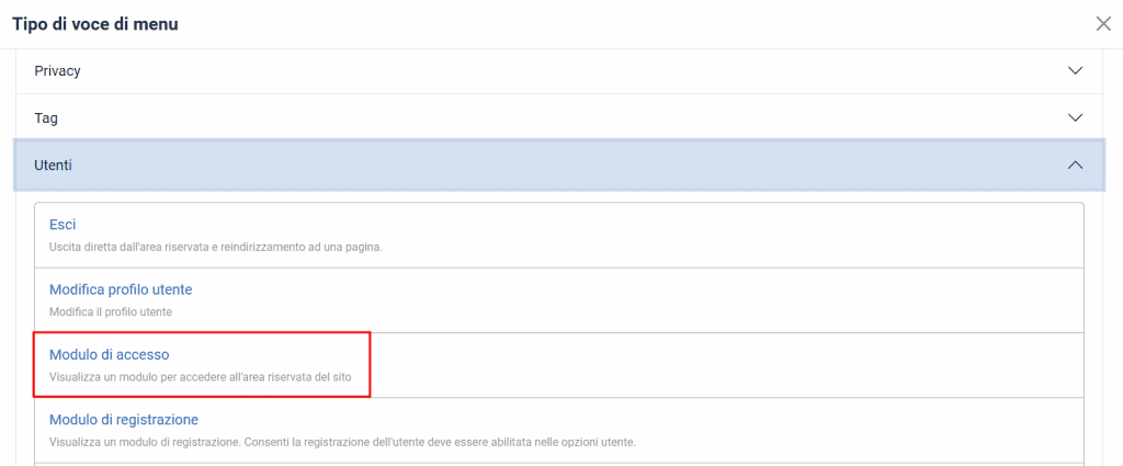 Utenti Modulo Accesso Voce Menu Joomla