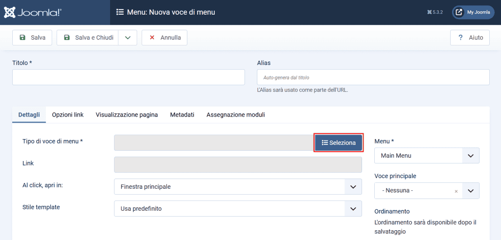 Voce Menu Seleziona Joomla