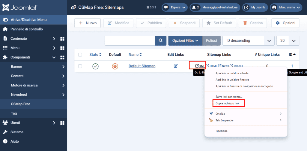 Copiare Url Sitemap Xml Joomla